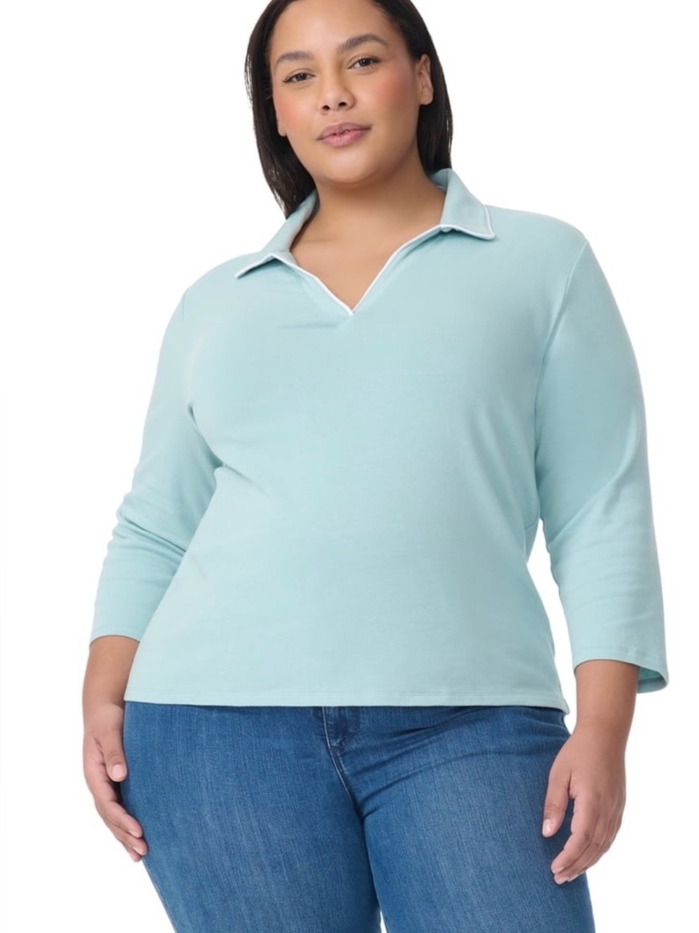 Gloria Vanderbilt Amanda Women’s Collared V‑Neck Top Aqua with White Trim NWT